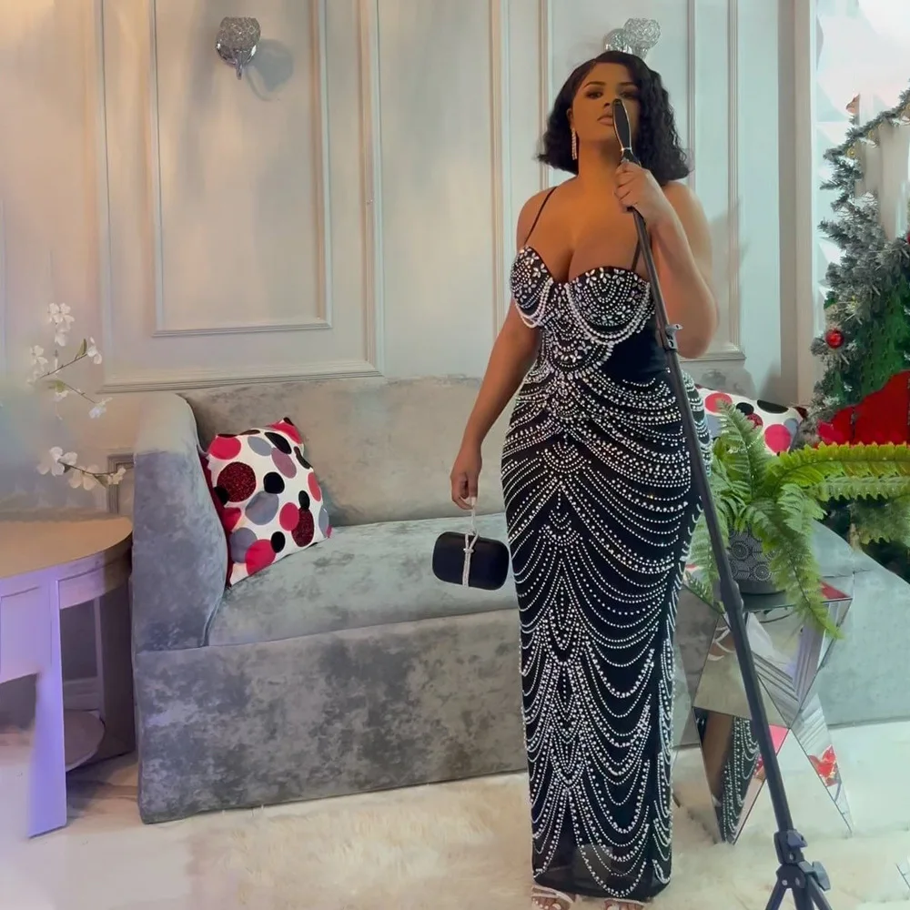 

Luxury Women Diamond Hot Pearls Bodycon Maxi Dress Sexy High Street Evening Party Club Birthday Wedding Dresses Black Robe New