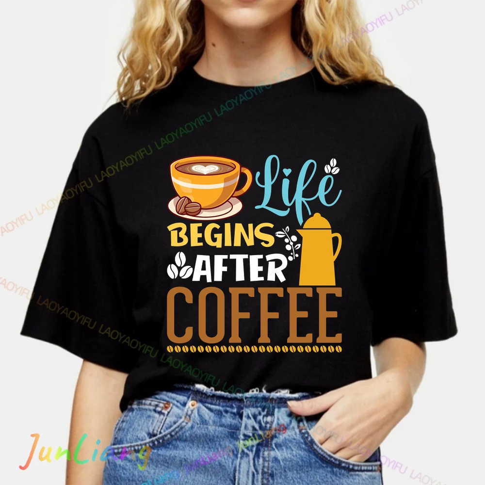 Fun Summer Fashion T Shirt Life Begins After Coffee 100% Cotton Men's Clothing 2024 Women's T-shirts New in Tops & Tees Tshirt