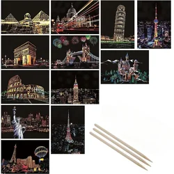 4Pcs Children DIY Night Scene Art Scratch Painting City Building Landscape Kids Educational Toys Child Birthday Gift Room Decor