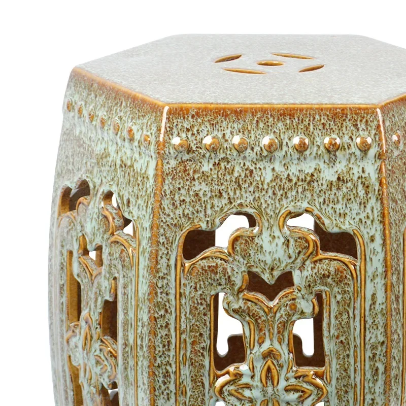 Hexagonal hollow drum ceramic decorative stool home retro chair round pier gradual change color home crafts