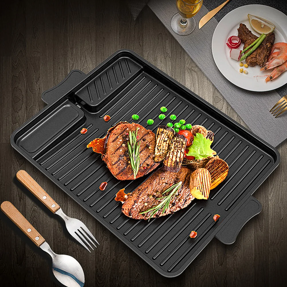 

1pc Aluminum Alloy Roasting Pan Non-Stick Surface Oil Drain Hole Heat Insulated Handle Large Capacity For Grilling Fish Bbq