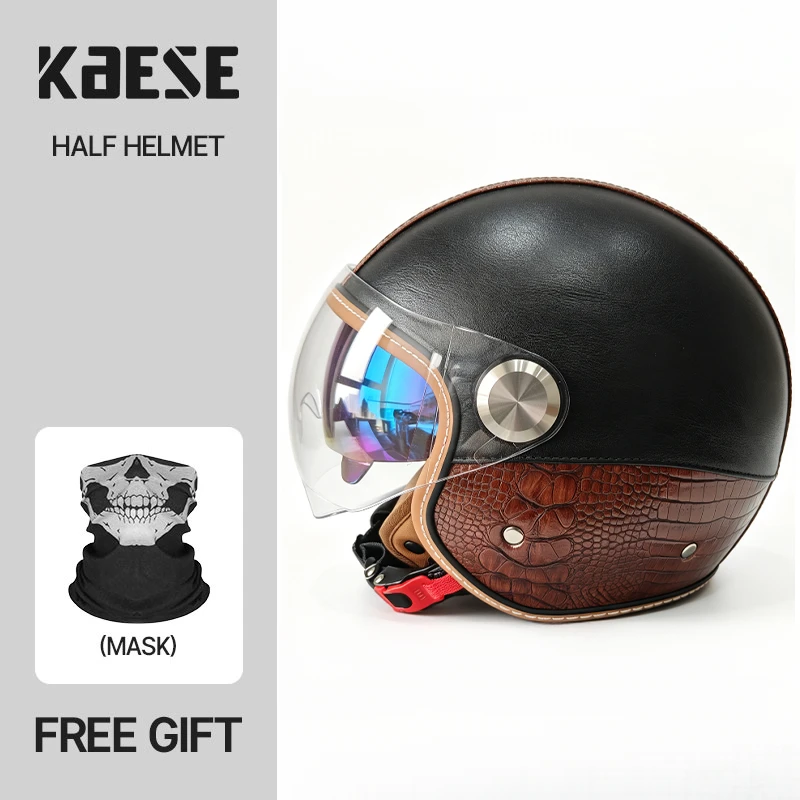 Urban Black Brown crocodile Leather 3/4 Open Face Motorcycle Helmet Dual Visor Split Look High-density ABS Shell
