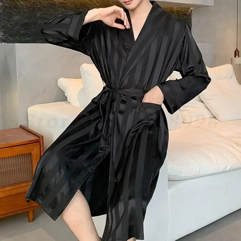 Men's Kimono Bath Robe Home Clothes Black Striped Yukata Nightgown Spring and Summer New Sleepwear Loungewear Satin Nightwear
