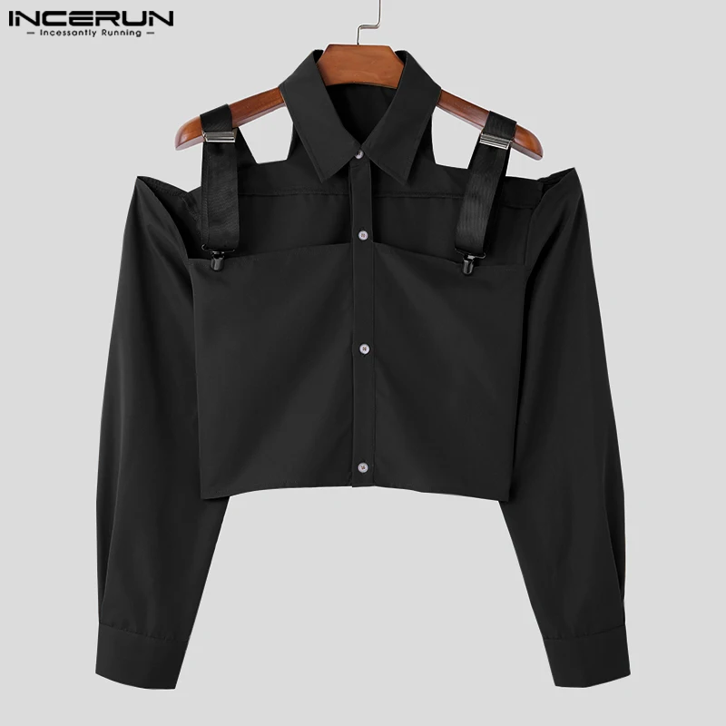 Men\'s Shirt Hollow Out Lapel Long Sleeve Button Male Crop Tops Sexy Solid Color 2024 Streetwear Fashion Casual Camisas INCERUN