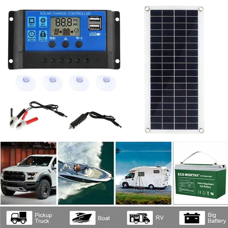 Painel de células solares com controlador, carga solar para telefone, rv, carro, mp3, pad, carregador, fornecimento de bateria ao ar livre, 1000w, 12v, 60a, 100a