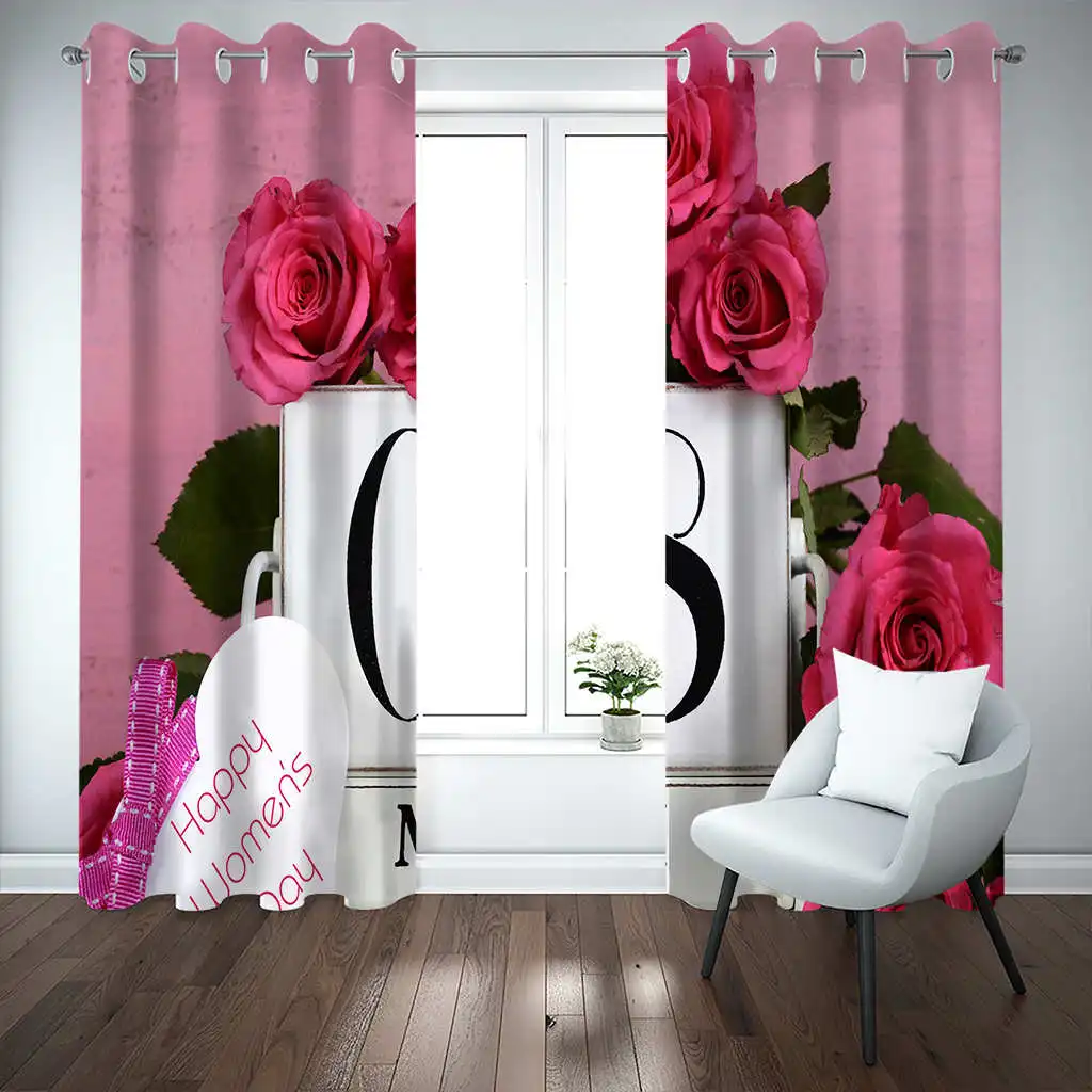 March 8 Women's Day Printing Curtains Woven Blackout Curtains Biparting Open Curtains for Living Room Tenda Finestra Cucina