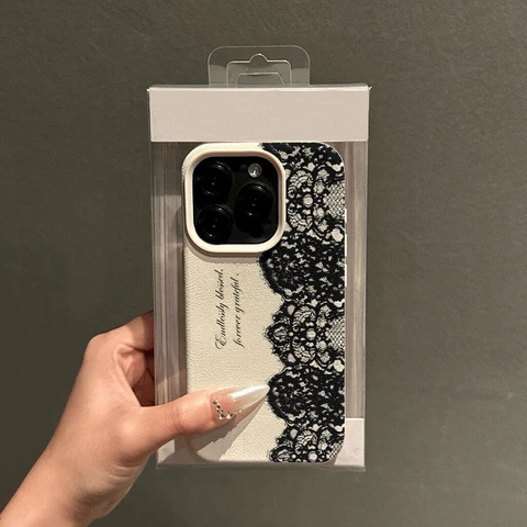 Чехол для телефона с черным кружевным узором «Личи» для iPhone 17, 17 Air, 16E, 15, 14, 13, 11, 12, 16 Pro Max, противоударный, мягкий