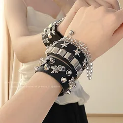Fashion Black Pu Leather Rivet Skeleton Bracelet Punk Vintage Couple Bangles For Men Women Cool Hip Hop Bracelet Jewelry Gifts