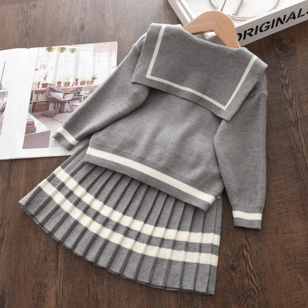 Girls Clothes British Style Student Two-piece Butterfly Bow Single Breasted Lapel Cartoon Embroidered Cardigan+pleated Skirt Set