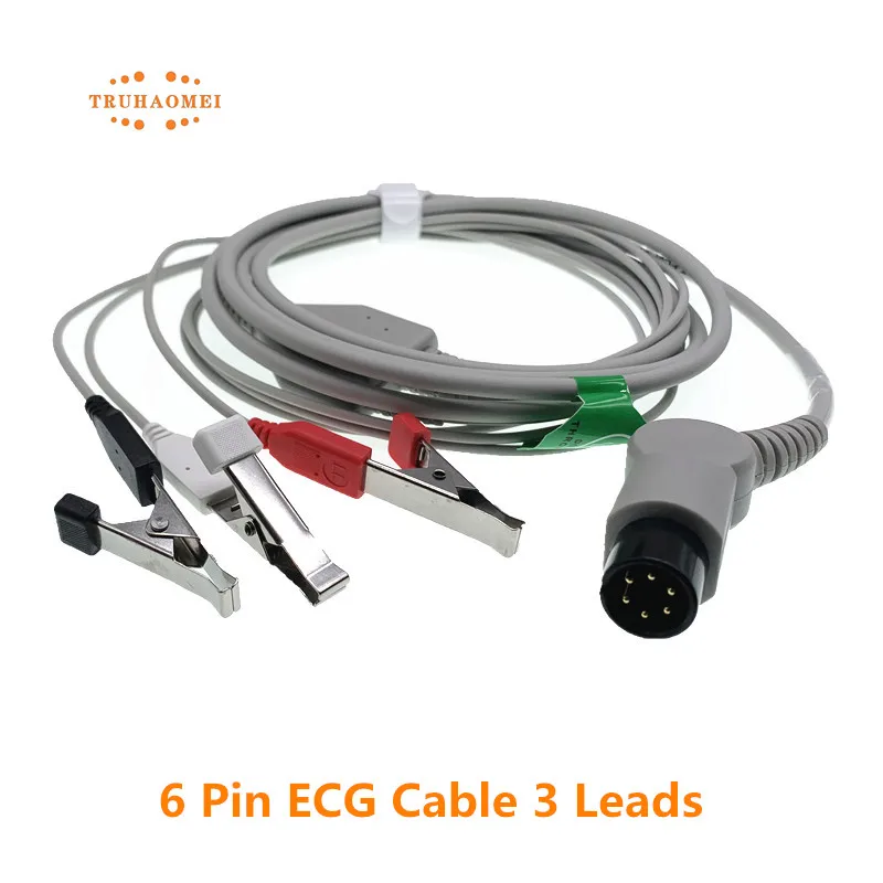 AAMI 6 Pin ECG Cable One Piece 3 Leads and 5 Leadwires Snap or Grabber AHA Veterinary Clip EKG Cable For Multi Brands Monitor