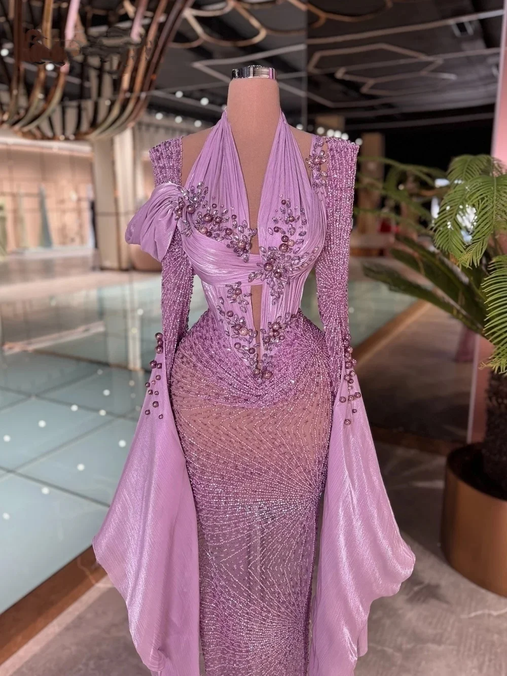 Unique Halter Evening Dresses Sequins Crystal Prom Dress Bell Sleeve See Through Beading Mermaid Party Gowns Vestidos De Noche