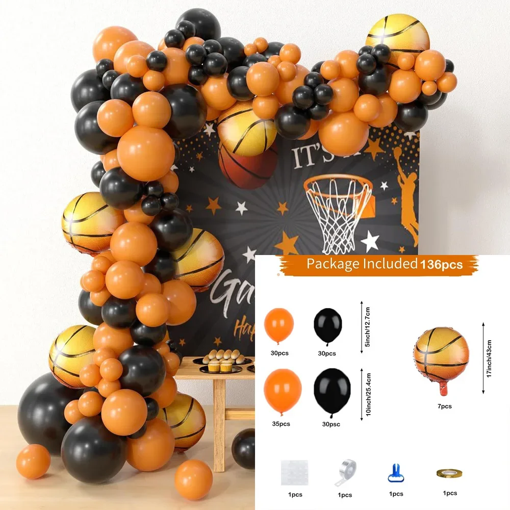 136pcs Basketball Balloon Set, Orange Black Balloon Chain Basketball Set, Boys Birthday Party Sports Themed Balloon Supplies