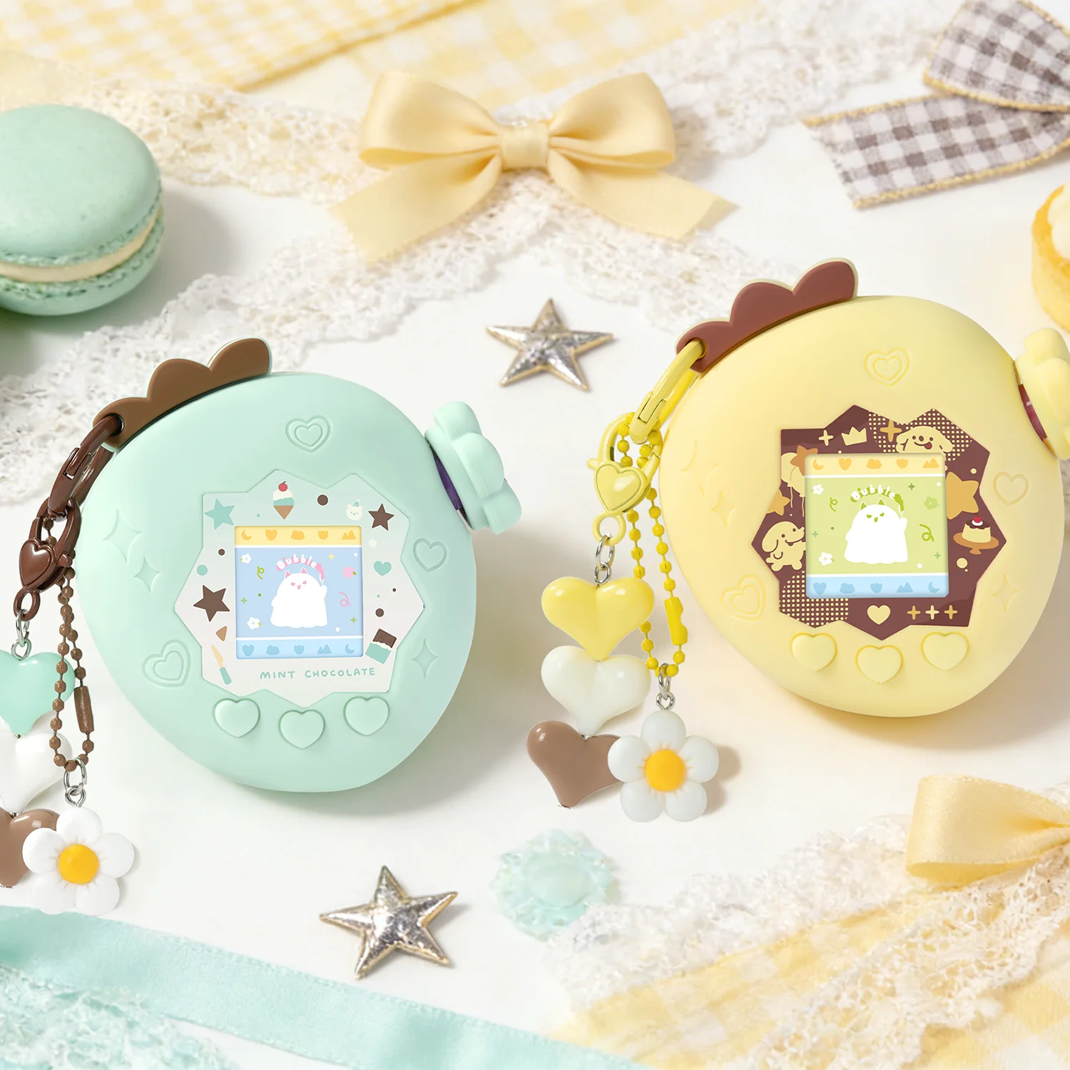 Neue Tamagotchi Paradise Schutzhülle aus Silikon im Mint Chocolate Pudding-Stil mit niedlichen Anhängern für virtuelle Haustiermaschine als Geschenk.