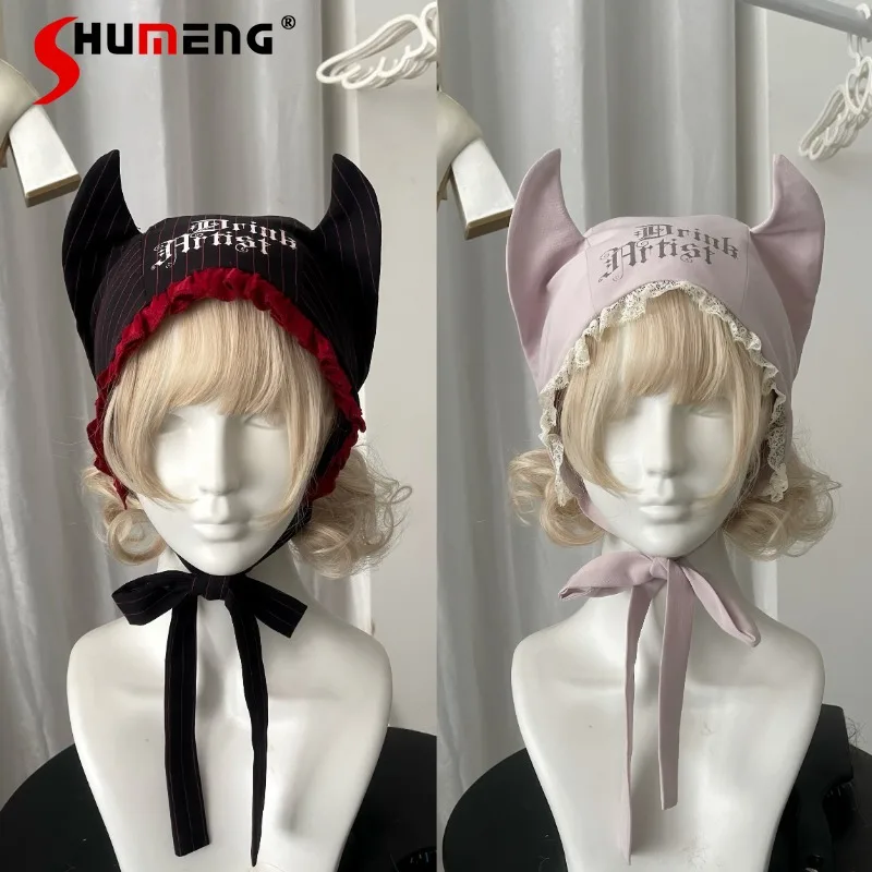 

Winter New Japanese Original Rojita Cartoon Cat Ear Hat Apparel Accessories For Ladies Kawaii Lace-up Caps Black Red Color Girls