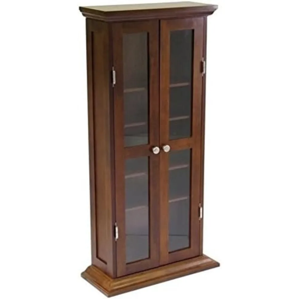 Solid Wood CD & DVD Media Storage Cabinet in Antique Walnut，Double wood trim glass doors with four adjustable shelves.