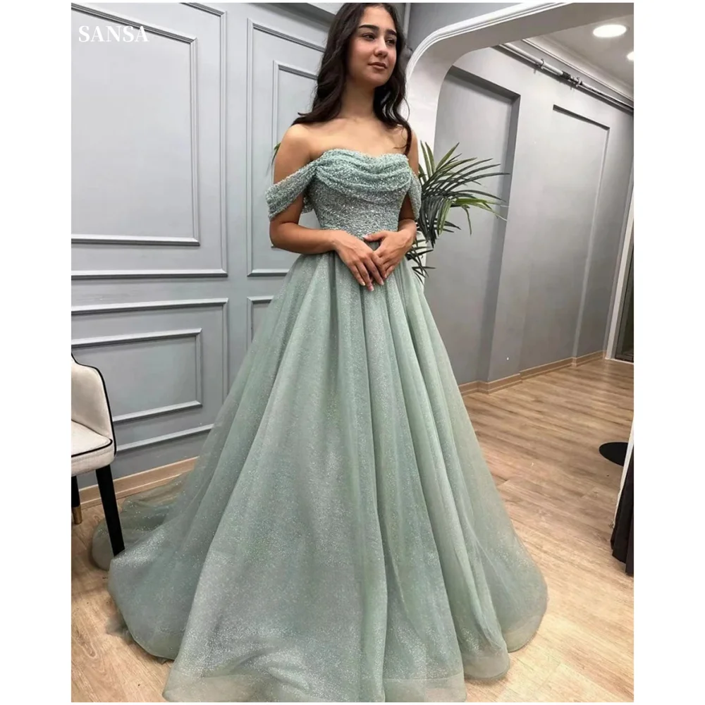 Sansa Sequin Off Shoulder Prom Dresses Tulle Heart Neckline Bead String Vestidos de fiesta A-line Floor-Length 2024 فساتين سهرة