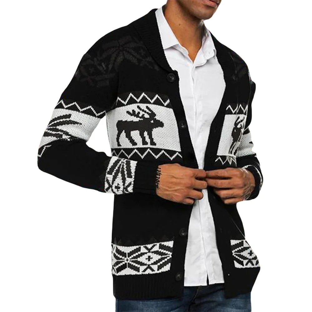 

Men's Christmas Cardigan New Fall and Winter Knit Sweater Clothing Long Sleeve Reindeer Snowflake Print Sweater Buttons Cardigan