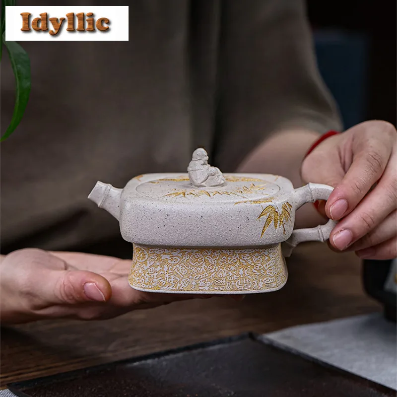 

280ml Aesthetic Yixing Purple Clay Teapots Handmade Square Pot Raw Ore White Jade Segment Mud Kettle With Filter Zisha Tea Set