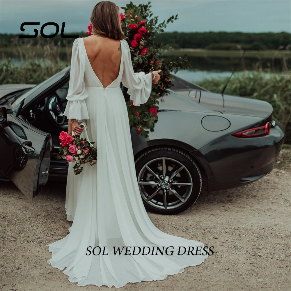 Sol Long Puff Sleeves High Side Split Boho Wedding Dress Sexy V Neck Backless A-Line Sweep Train Chiffon Bridal Gown Simple