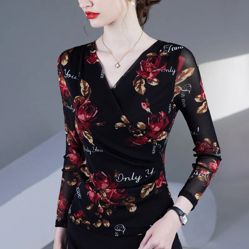 

Топы для латинских танцев, сетчатая рубашка с v-образным вырезом и принтом, весенне-осенняя одежда для танцев, женская танцевальная одежда, новая тренировочная практика, самба, румба