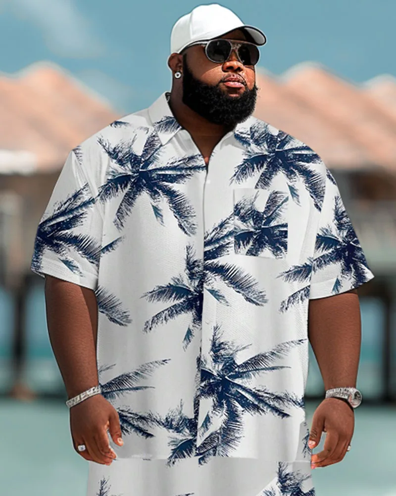 Biggmans Plus Size L-9XL for Men's clothing Summer Hawaii Beach Personalized Denim Blue Printed Short-sleeved Big Size Shirt