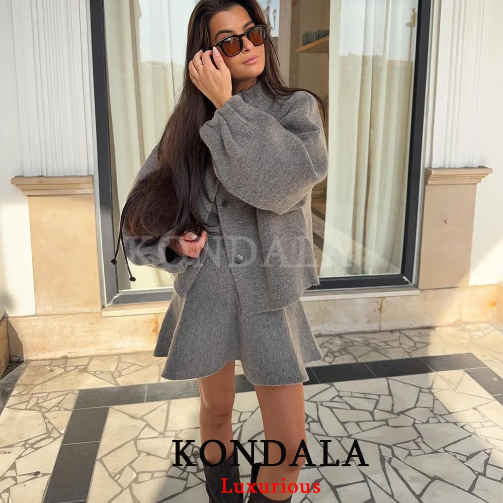 KONDALA Casual Knit Gray Suits Women O Neck Long Sleeve Loose Cardigans Ruffles Loose Mini Skirts Fashion 2026 Spring HolidaySet view 5