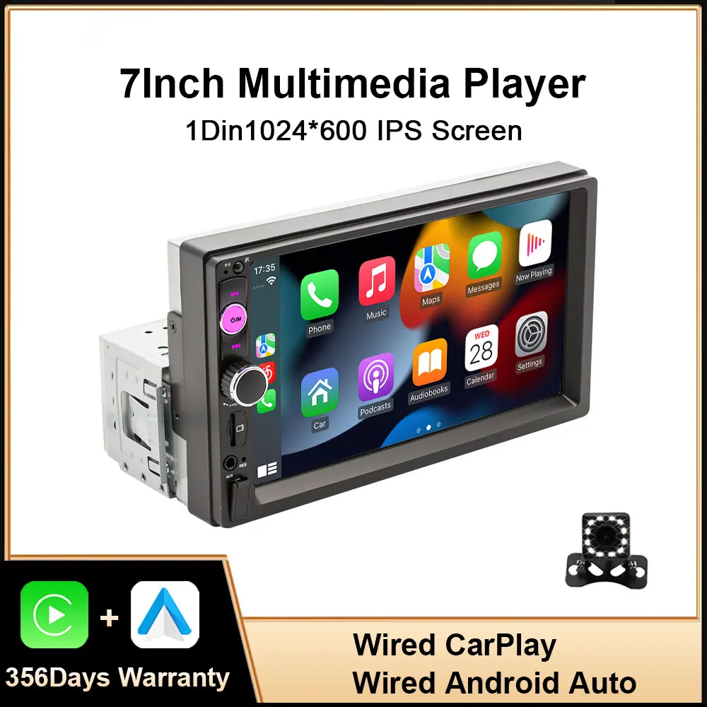 7 Inch Universal 1Din IPS Touch Screen Car Stereo Radio Wired Carplay Android Auto Car Bluetooth Multimedia Player FM USB Aux-in