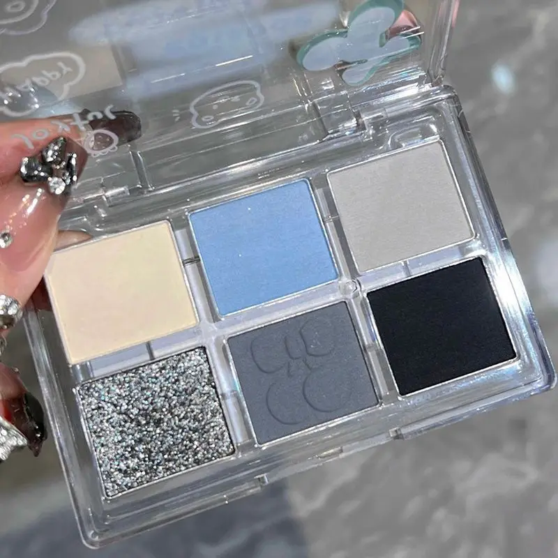 Paleta de sombras de olhos esfumaçadas, cinza fosco, azul, 6 cores, glitter, prata, acrílico, paleta de sombras de olhos de longa duração, cosméticos de maquiagem