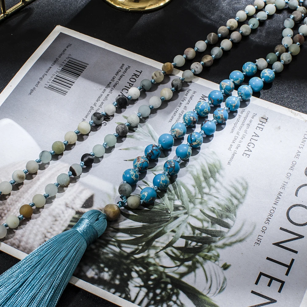 6mm Matte Amazonite with 8mm Emperor Turquoise Beaded 108 Mala Necklace Meditation Yoga Prayer Japamala Rosary Tassel Jewelry