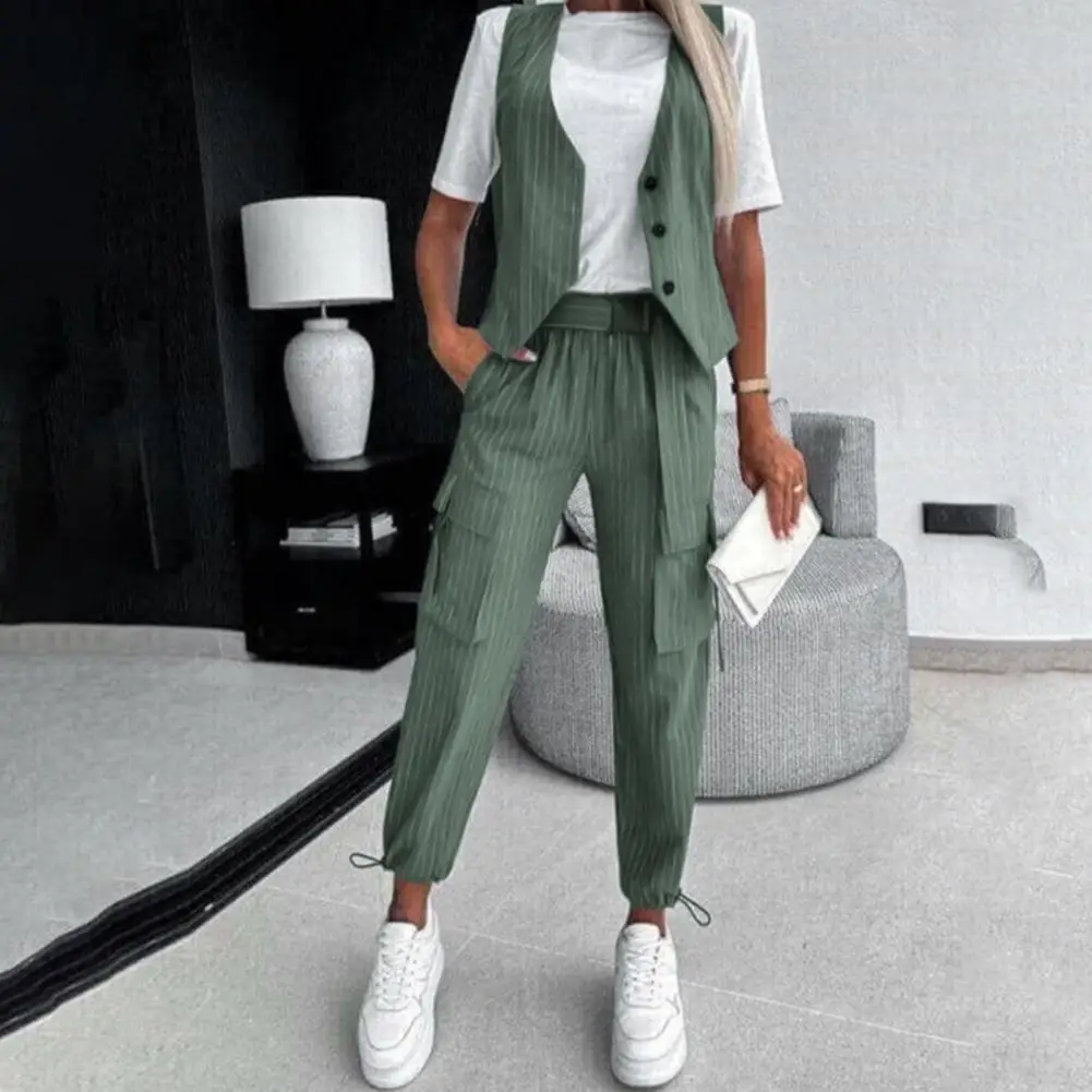 

Women's Vest Fashion Casual Suit New Summer V-neck Button Tops Pocket Loose Pants Outfits Two-piece Suit For Women Clothing