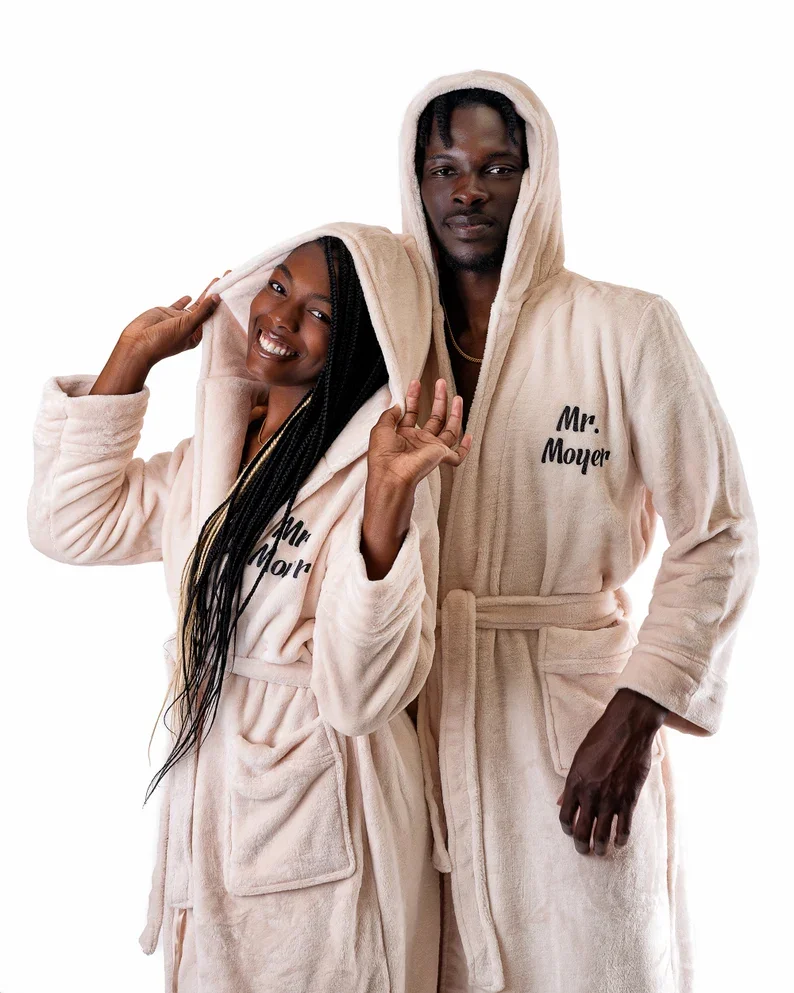 Custom His and Hers Long Bathrobes with Hoodies Honeymoon Gift Anniversary Groom and Bride Wedding Matching Couple Bathrobes