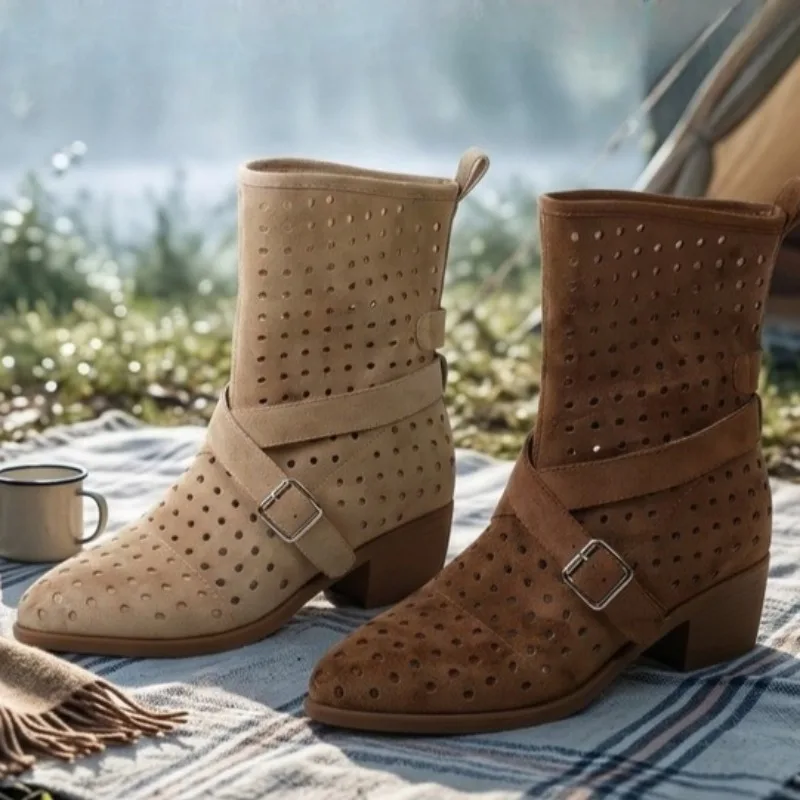 

Винтажные замшевые ковбойские ботинки для женщин с острым носком, на массивном каблуке, с пряжкой, весна-лето, новые ботильоны на платформе