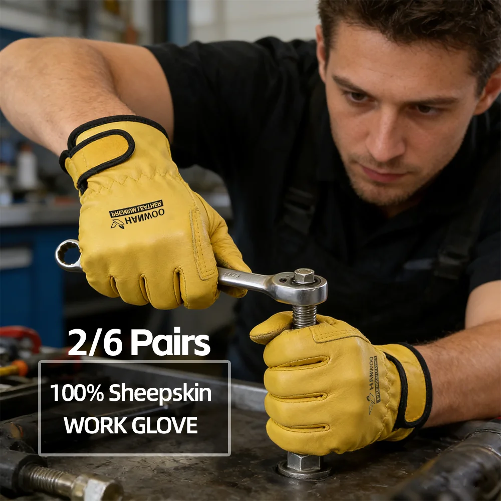 2/6 Pairs Leather Knit Work Gloves, 100% Sheepskin Gloves, Safety Work Anti-slip and Wear-resistant,Unisex,Carpentry, Gardening