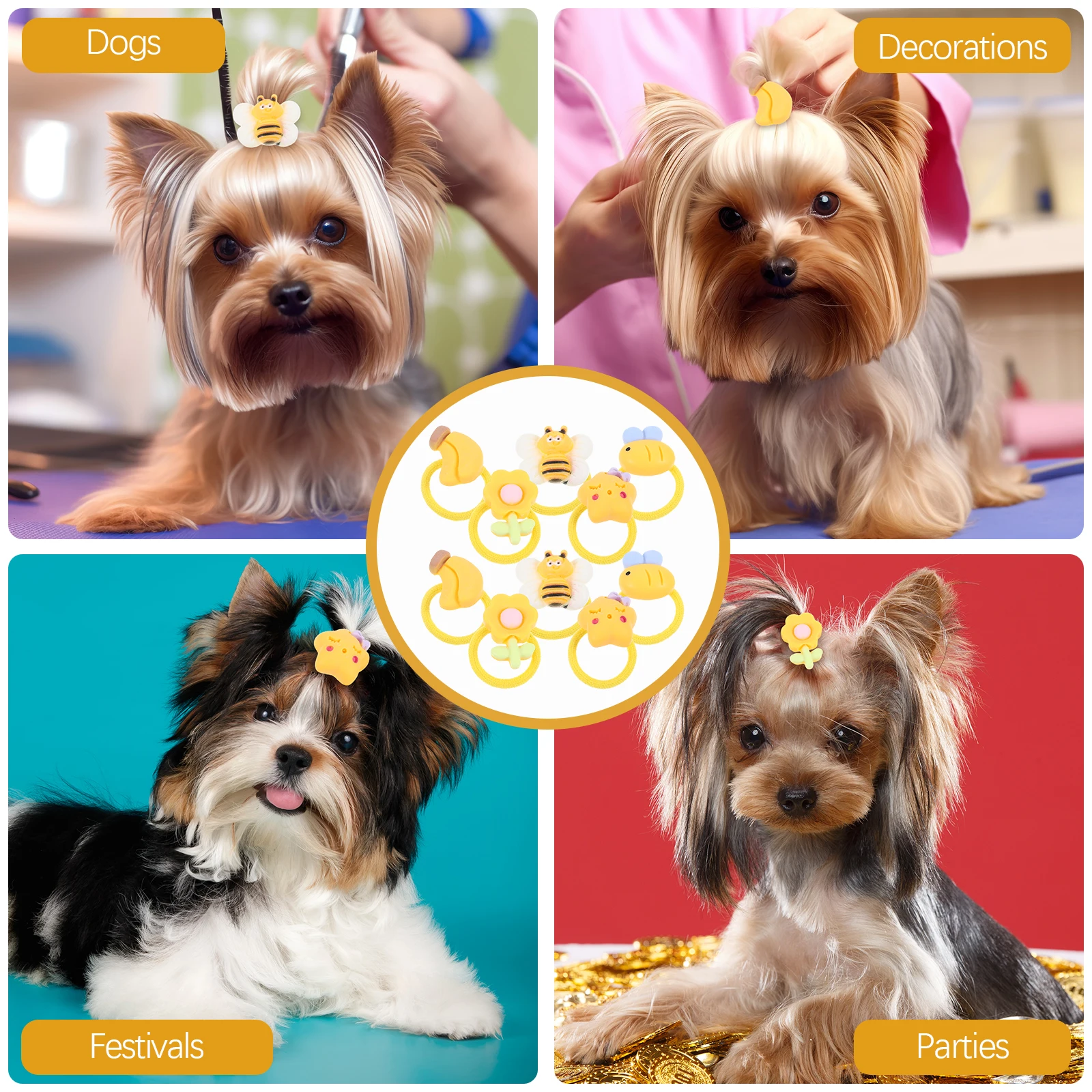 

10pcs Pet Hair Tie Yellow Soft Gentle Material Non Shedding Dog Cat Hairbands Decorative Accessories