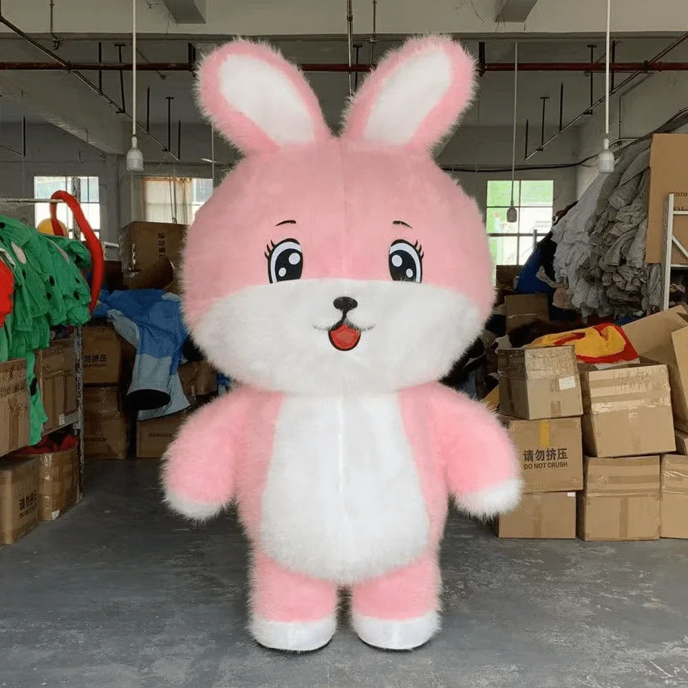 

Надувной плюшевый костюм-талисман розового кролика для взрослых, кукла для карнавала и вечеринок, без батареек