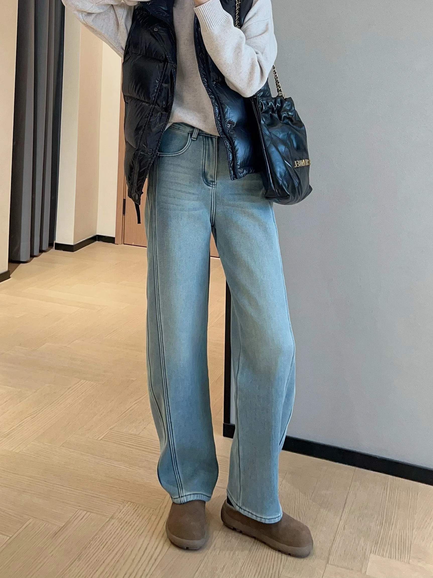 

WTHEONE женские джинсы с высокой талией и широкими штанинами на подкладке, утягивающие джинсовые брюки с подогревом, европейская станция, свободная зимняя одежда