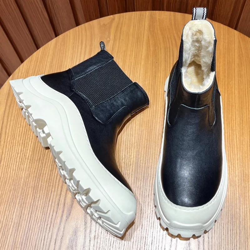 New British Style Casual Ankle Boots Men Winter Thick Plush Wool Snow Boots Male High Top Shoes Genuine Leather Chelsea Boots