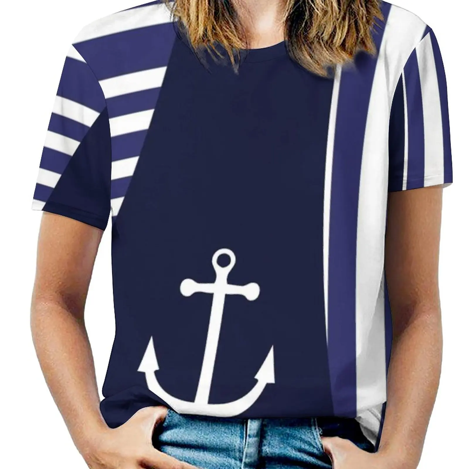 Sailor Stripes With Anchor Women\'S T-Shirt Summer Fashion Print Floral V-Neck Zipper Tshirt Hollow Pullover Ladies Top Sailor