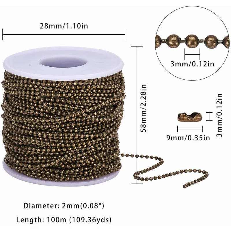 40m 1roll Iron Ball Bead Chains Soldered with 20 Pieces Iron Ball Chain Matching Connectors DIY Jewelry Antique Bronze 2x2mm