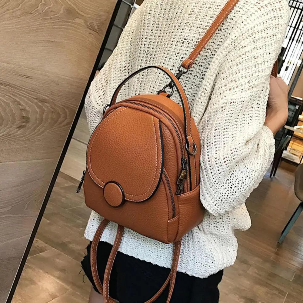 Elegant Women Solid Color Zipper Mini Backpack Soft Faux Leather Handbag Satchel Bag