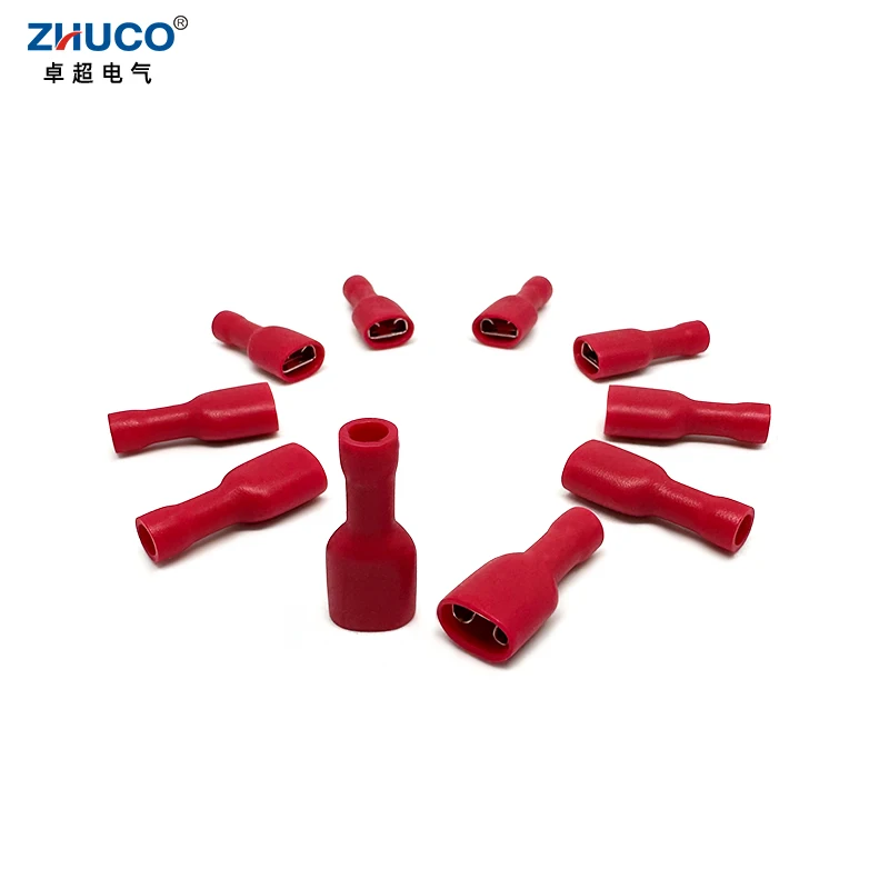 100pcs FDFD1.25-250 6.35mm Red Fully Insulated Electrical Cable Connector Faston Female Brass Crimp Spade Terminal 22-16 AWG