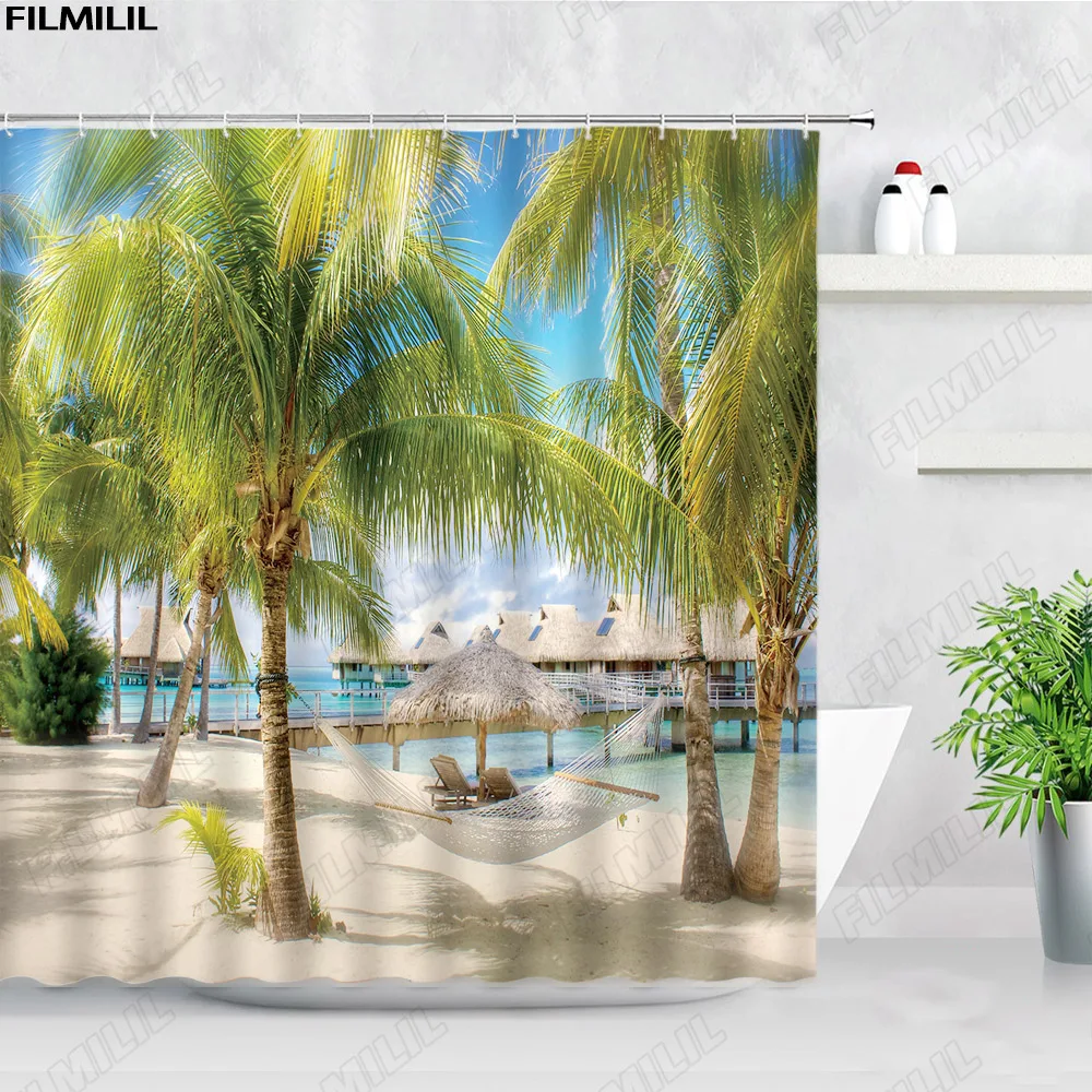 Zen Buddha Green Bamboo Shower Curtain Palm Trees Beach Ocean Flower Plant Nature Landscape Wall Hanging Bathroom Decor Curtains