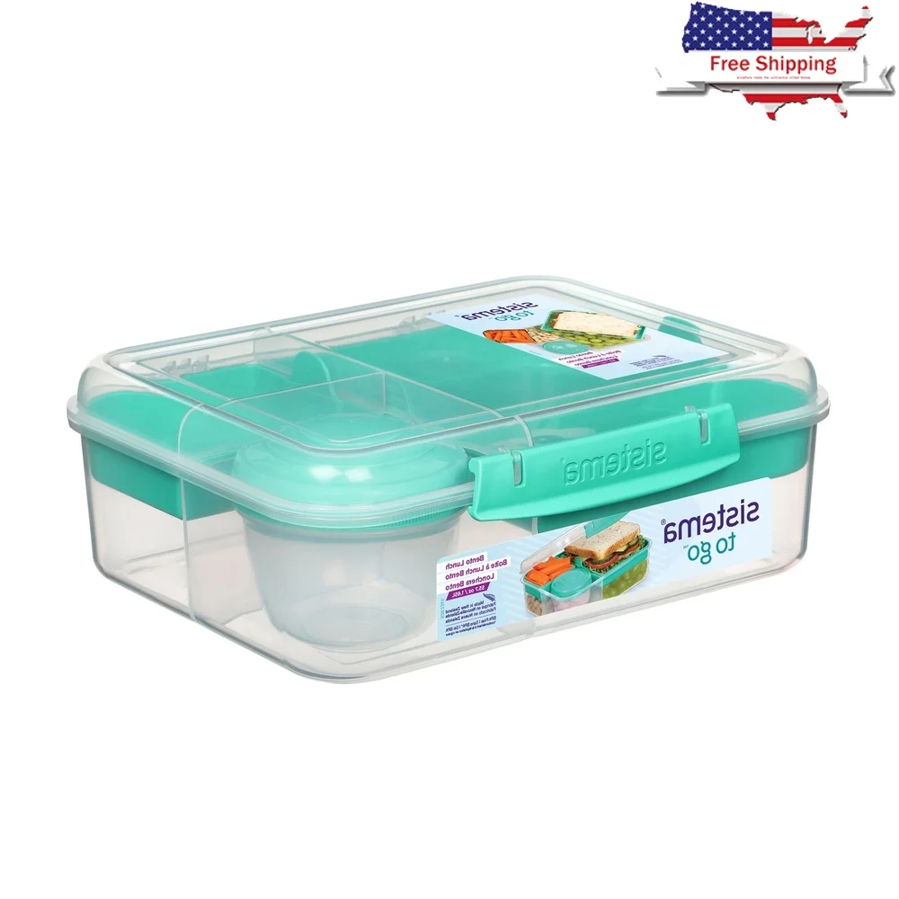 

Plastic Rectangular Bento Lunch Box with Yogurt Pot 1.65L Microwave Safe Stackable Freezer Safe Easy Locking Clip Multiple