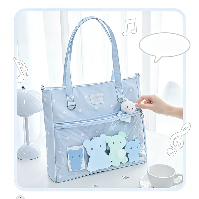 Ita-Tasche mit transparentem Sichtfenster, Tragetasche mit Polka-Dot-Stern- und Musiknotenmuster, große Einkaufstasche, Damenhandtasche. – Detail 9