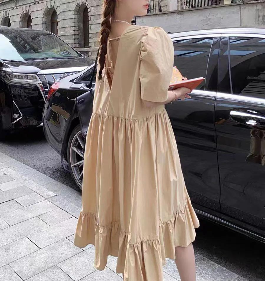 Dress 2024 New Women's Summer Style Versatile Off Back Design Be Careful Machine Loose Bubble Sleeve Dress