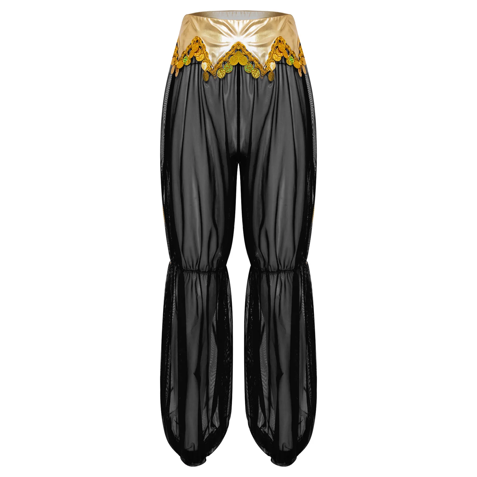 

Women Festival Arabian Indian Princess Harem Pants Metallic Shiny Sheer Mesh Trousers Belly Dance Stage Performance Dress-up