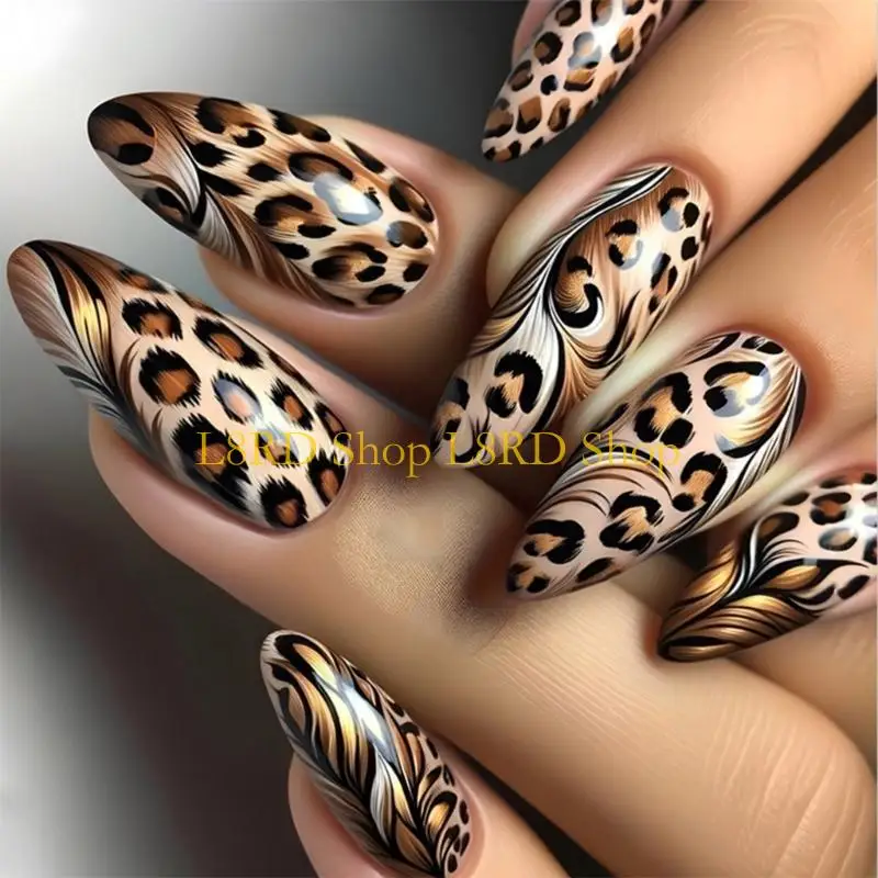 L8RD Leopard Print Long Almond False Full Cover Press on Easy Application for Office Parties and Daily Use