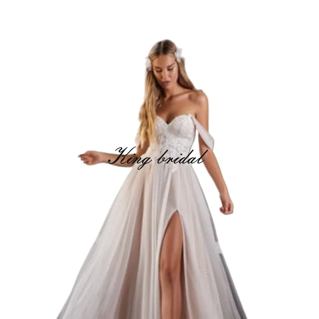 Vestido de noiva de tule, renda, amor, ombro de fora, espartilho, vestido de noiva com fenda, saia personalizada com fenda pontilhada