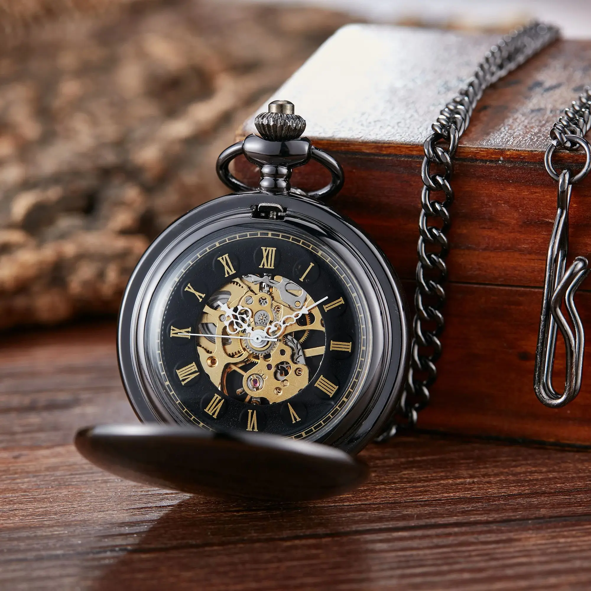 Classic double face hand winding mechanical pocket watch smooth surface hollowed Roman numeral men women mechanical pocket watch