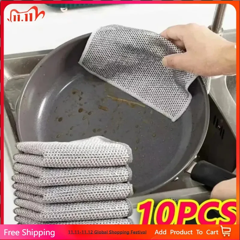 

10pcs Magic Dishcloth Silver Wire Cleaning Kitchen Cloth Thickened Microfiber Wash Towel Built-in Sponge Steel Wire Ball Rag